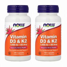 Now Foods Vitamin D-3 1000 IU K-2 45 mcg 120 Veg Capsules PACK OF 2