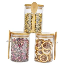 Glass Containers Jars with Bamboo Airtight Lid and Spoon, 15Oz Glass 3 Pack