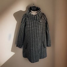 Max Studio Wool Blend Cape Cardigan L Houndstooth Gray Black Pockets Fuzzy