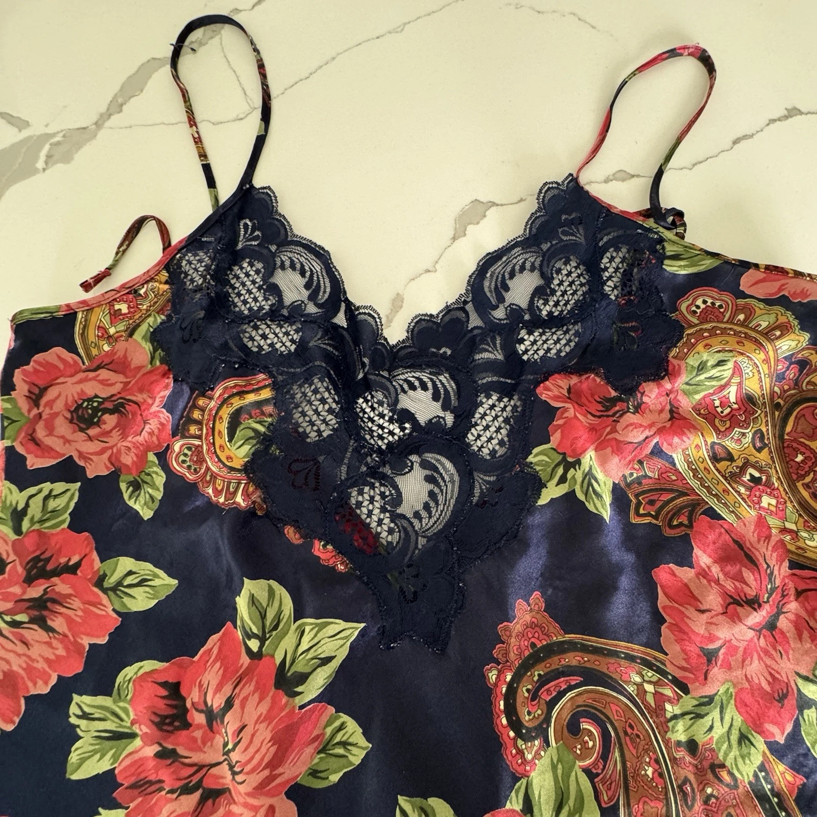 UNDERCOVER Camicia da notte vintage Victorias Secret donna grande etichetta oro blu navy rosa floreale EF