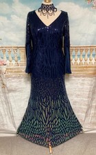 Evening Dress 18 Navy Blue Sequin Fishtail Art Deco 20's Gatsby Ballgown Stretch