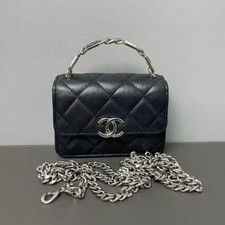 Chanel Mini Flap Handbag Black Caviar Leather Silver Hardware Extra Chains Auth