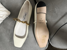 Jimmy Choo Women  s Ivory Patent Leather Square Toe Chain Flat Slip-On US 8