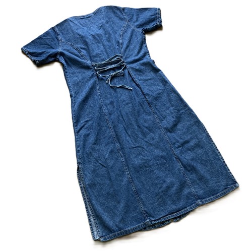 Denim Jean Maxi Dress Button Front Lace-Up Back Embroidered Vtg 90s Penman's Lg - Picture 2 of 8