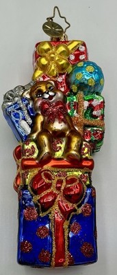 Christopher Radko Blown Ornament   Pile Em High  Teddy Bear On Stack Of Gifts