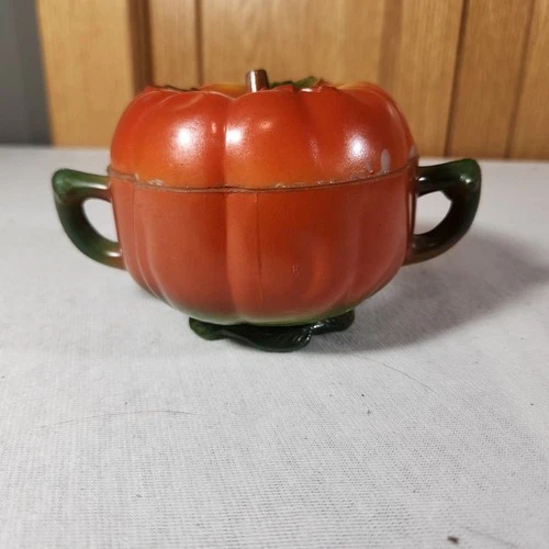Vintage Milk Glass Tomato Sugar Jam Jelly Jar, w/Lid Red Orange Green
