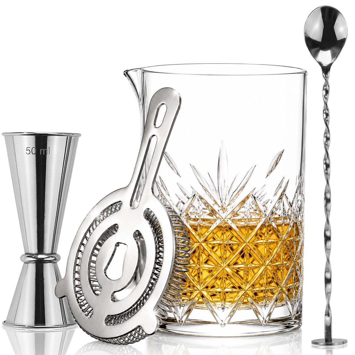 4 Piece Cocktail Mixing Set Glass Pitcher Hawthorne Strainer Jigger Mixing Spoon