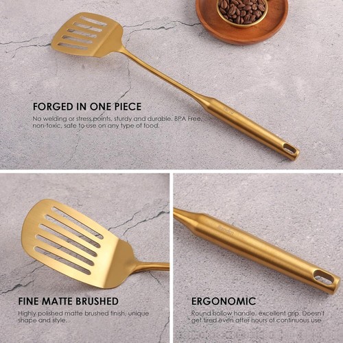 Gold Kitchen Utensils Set - 18/10 Stainless Steel Cooking Tools, 15" All Metal - Picture 4 of 8