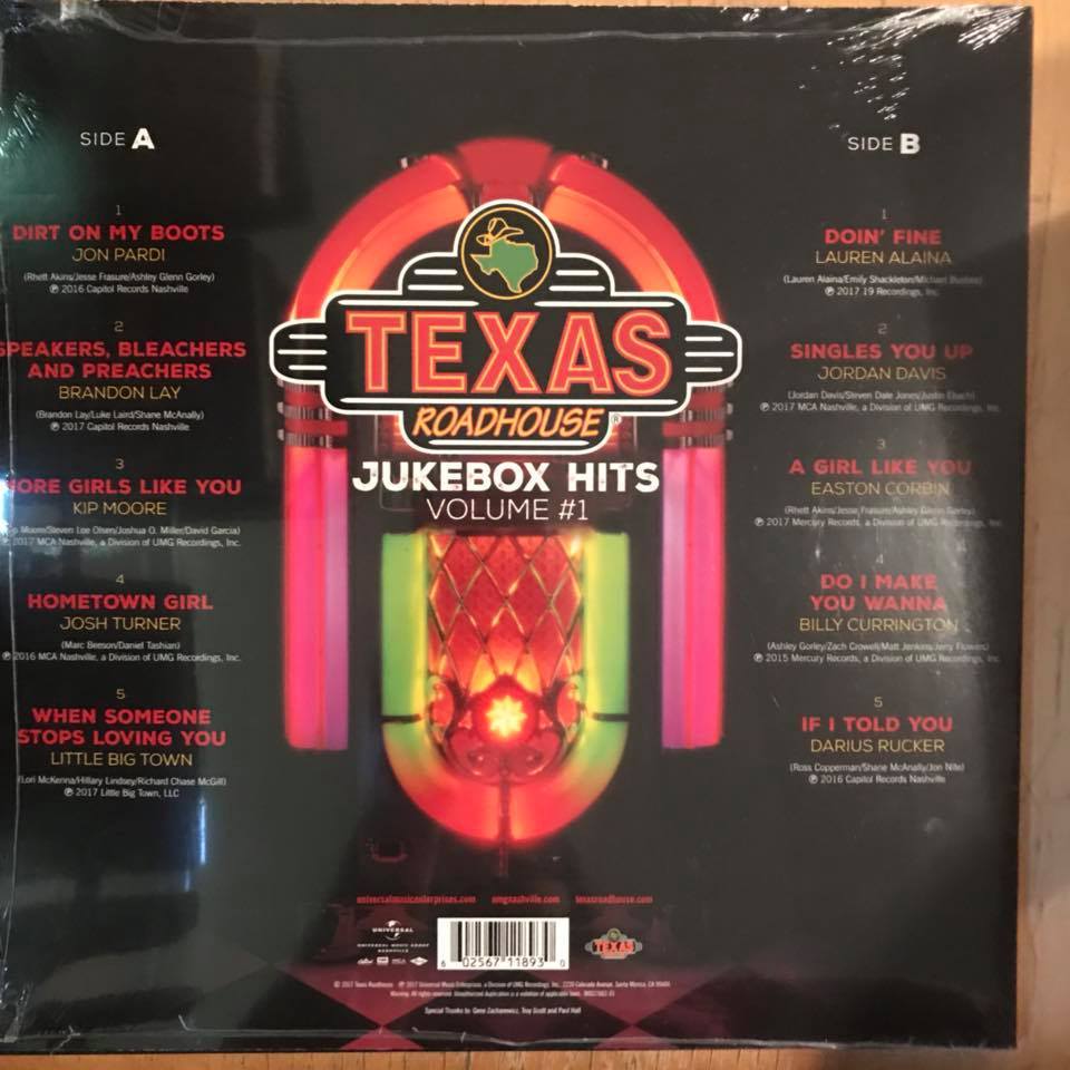 Texas Roadhouse Jukebox Hits Volume #1 Vinyl LP Jon Pardi Brandon