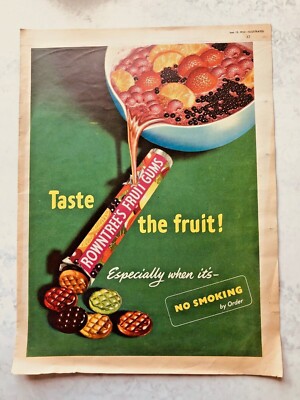 13. Juni 1953 Vintage Reklame ROWNTREE'S FRUIT GUMS SWEETS TUBE TASTE NO SMOKING