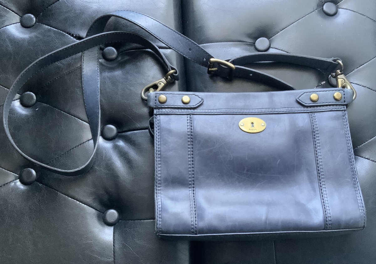 FOSSIL Blue Leather Top Zip Turn Lock Crossbody Bag | eBay