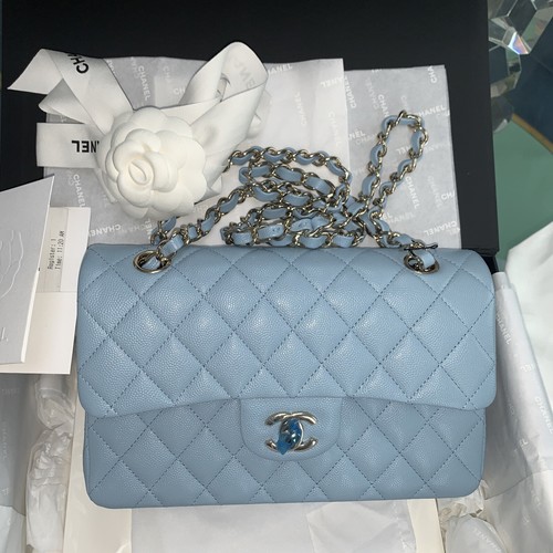 CHANEL Small Classic Double Flap Bag Shiny Blue Caviar LGHW 22S New/receipt