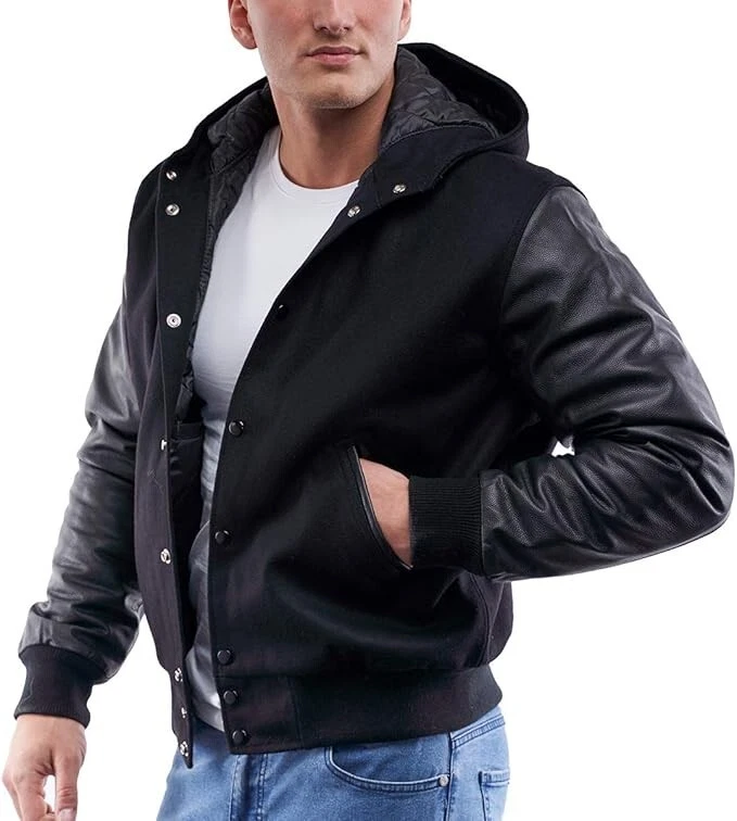 Varsity Base Letterman Hoodie Jacket All Black, Medium - Image 2 of 4