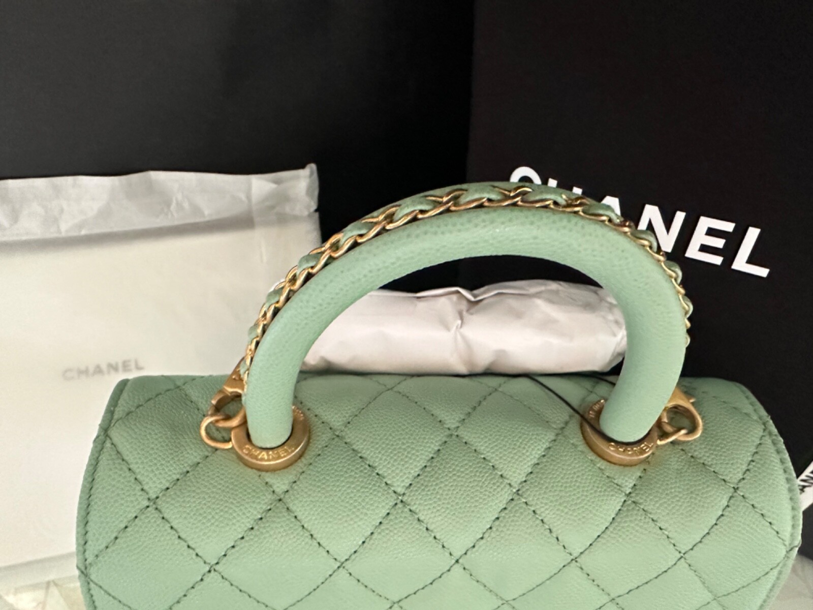 New 23P CHANEL Small Classic Coco Bag - Light Green Caviar Leather, Chain Handle, Flap Bag image 4