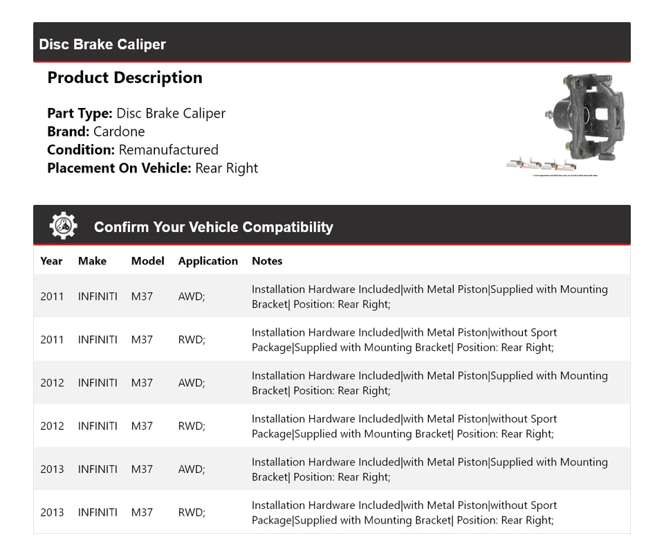 Pinza de freno de disco trasera derecha Cardone 2012 para Infiniti M37 2011-2013 Foto 2 de 4