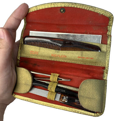 Vintage 1960s Revlon Nail Manicure Grooming Hair Set Kit Gold Leather Austria