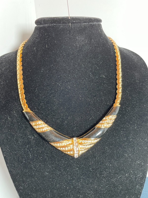 Vintage Christian Dior V Shape Necklace Enamel, Rhinestong