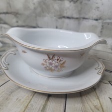 Fukagawa Hand Painted China Arita Floral Raised Gravy Boat Attached Under Plate