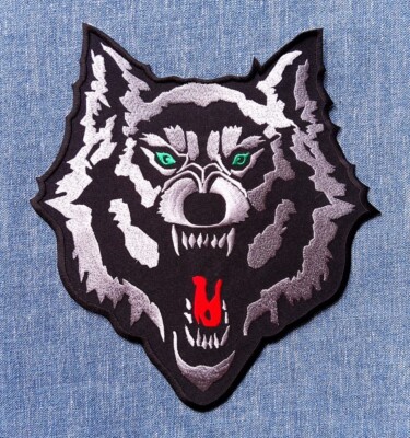 Großer Wolfskopf Bügelbild Rücken Patch: grau silber Brüllen heulen rot Biker Geschenk