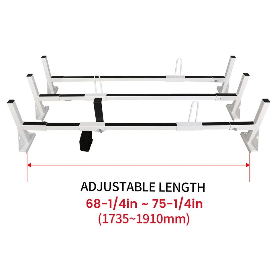 750LBS 3-Bars Ladder Roof Racks 68"-75" For Ford E150 92-14 Chevy Express 96-19 - Image 2 of 4