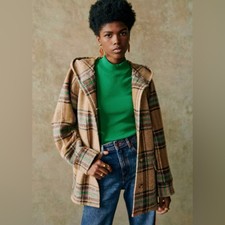 Sezane Suzon Coat Jacket Hood Multicolored Taupe Wool Blend Plaid Size Xs