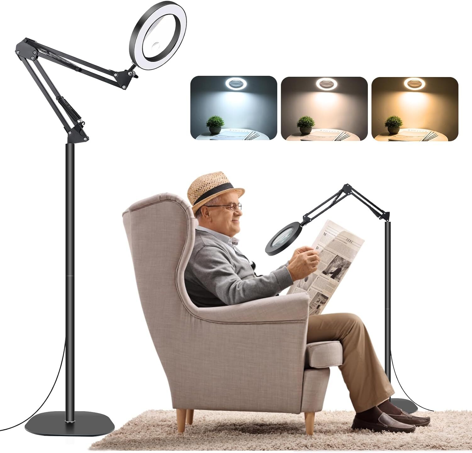 10X 20X Adjustable Floor Standing Magnifying Glass with LED Light & Bracket