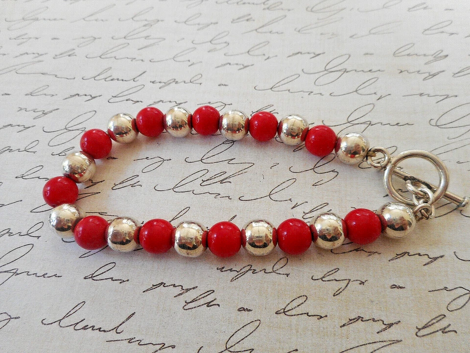 Pulsera de plata de ley con cuentas de coral rojo 8" 39R82N Foto 4 de 4