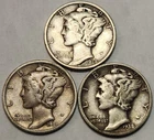 1938 P D S Mercury Dimes, (3) Coin Lot, 90% Silver Coins, Great 4 Albums M-38AB7