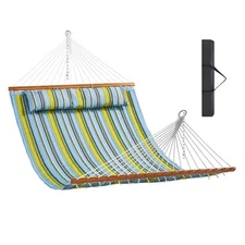 Double Quilted Fabric Hammock with Hardwood Spreader Bar Detachable Pillow
