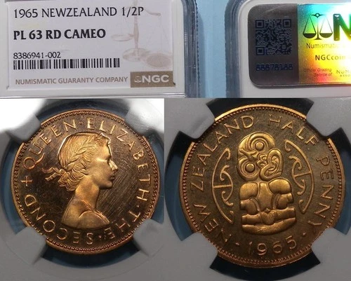 1965 NEW ZEALAND ½ PENNY NGC PL 63 CAMEO #102-48