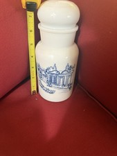 Vintage Milk Glass Apothecary Jar with Blue Chinoiserie Design Bubble Lid 1950&rsquo;s