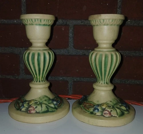 Roseville Corinthian Candlesticks HTF Good Color, Mold Vintage Art Pottery c1923