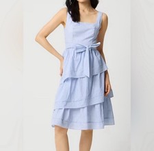 NWT J. Crew Blue White Stripe Tiered Ruffle Tie Waist Midi Dress 4 Petite