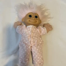 12" RUSS BERRIE CO TROLL KIDZ DOLL PLUSH TOY PINK Polka Dot PAJAMAS 1990s