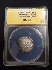 1198-1219 ARMENIA TRAM LEVON I CORONATION TRAM SILVER COIN ANACS GRADED MS 63