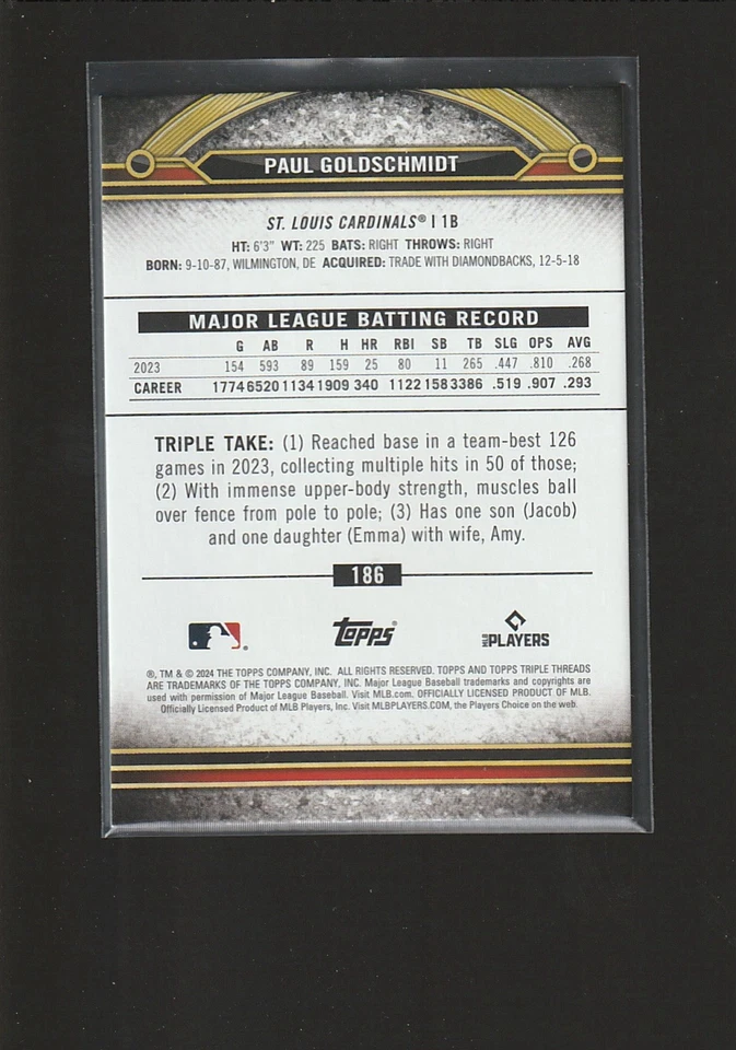 2024 Topps Triple Threads Paul Goldschmidt Gold #d 1/10 #186 Cardinals Yankees - Image 2 of 2
