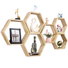 NOVIMANGO Hexagonal Floating Shelves Wall Mounted Set of 6 Wooden Hexagon She...