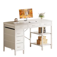 Computer Desk 47in With 6 Drawers Table Office Work Study Home White Wood Metal