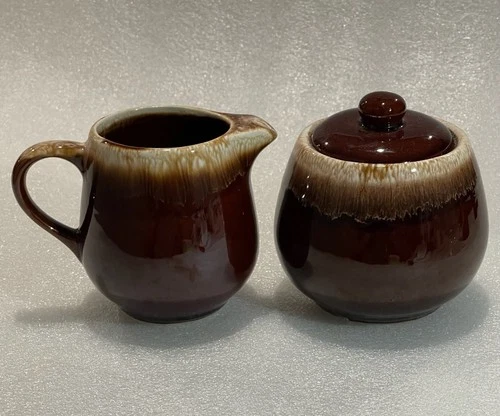 Vintage MCM McCoy Ceramic Creamer & Lidded Sugar Set Brown & Cream Drip Glaze