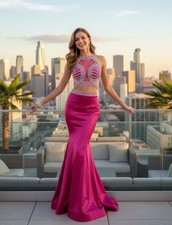 Pink 2 Piece Stretch Taffeta Prom Dress Size 0 Beaded Formal Gown Holiday Dress