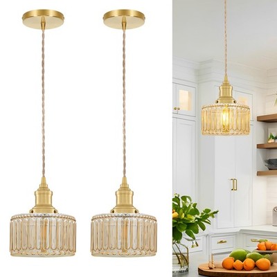 Rustic Pendant Light Set of 2, Brushed Gold Pendant Lights Kitchen Island wit...