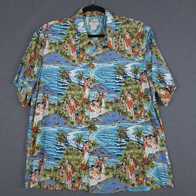 Kamehameha Hawaiian Shirt Mens 2XL Tropical Short Sleeve Camp Collar Lei Lady