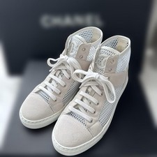 CHANEL White Mesh & Suede High-Top Sneakers 22.5cm Excellent Condition