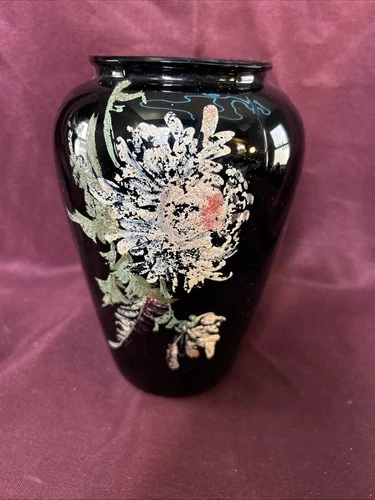 Fenton Black Amethyst Glass Frit Hand Painted Vase 7.5”