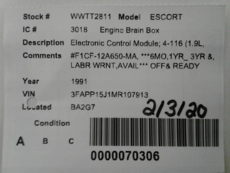 Computadora motor principal ECU ECM PCM módulo 1991 Ford Escort 1,9 L F1CF-12A650-MA Foto 3 de 3