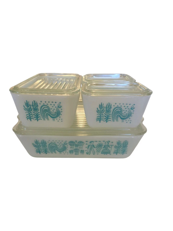 Vtg Pyrex Turquoise Amish Butterprint Refrigerator Dish Set with Lids Retro MCM - Image 2 of 4