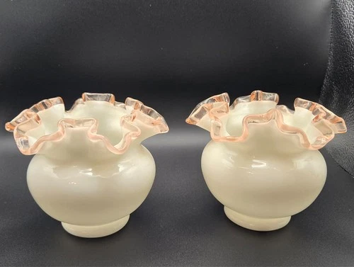 PAIR of Fenton Rose Crest w/Double Crimp Ruffle Rose Bowl Vases