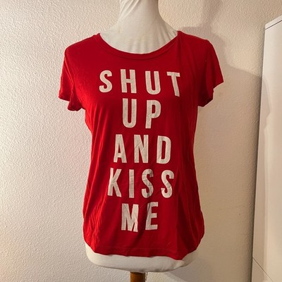 Express Womens Red Funny Novelty Kiss Me Modal Shirt Sz S Holiday Mistletoe