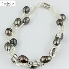 Fashion Women Jewelry Oval Real Black Pearl Twist Beaded Magnet Bracelet 7.5"