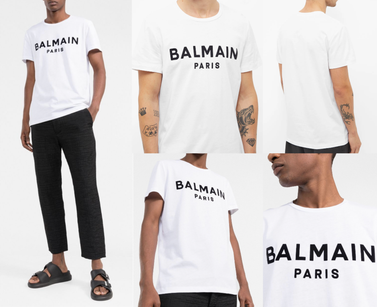 【関税&送料込み】Balmain Flocked Paris T-Shirt Balmain Flocked Logo Straight Fit T-Shirt Cotton Shirt Paris